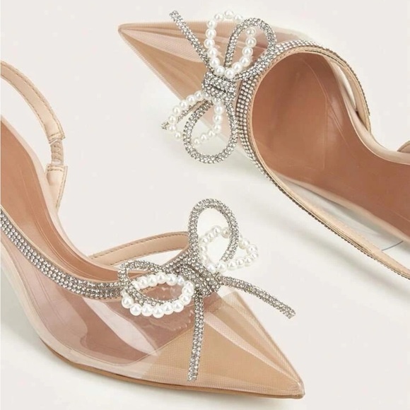 Pearl & Rhinestone Bow Decor Clear Point Toe Heeled Pumps PVC Slingback Pumps - Picture 5 of 5